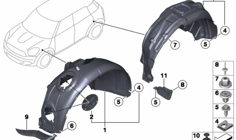 Recubrimiento cubrerueda delantero derecho OEM 51719807832 para MINI Countryman R60, Paceman R61. Original MINI.