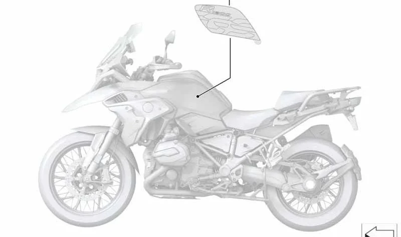 Inscripción izquierda bajo pintura incolora OEM 51148566727 para motos BMW R1200GS, R1250GS. Original BMW Motorrad.