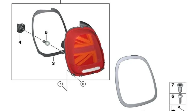 Anillo cromado piloto trasero derecho OEM 63218495332 para MINI F55, F56, F57, F56 BEV, F55 LCI, F57 LCI... y más. Original MINI.