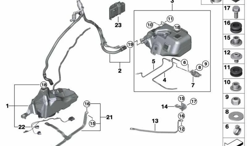 Tubería trasvasamiento por bomba OEM 16197399415 para BMW F30, F31, F34, F32, F36. Original BMW.