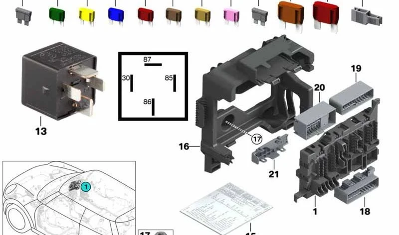 Plano, equipo de fusibles OEM 71239352171 para MINI F56, F55, Clubman F54, Cabrio F57, Countryman F60... y más. Original MINI.