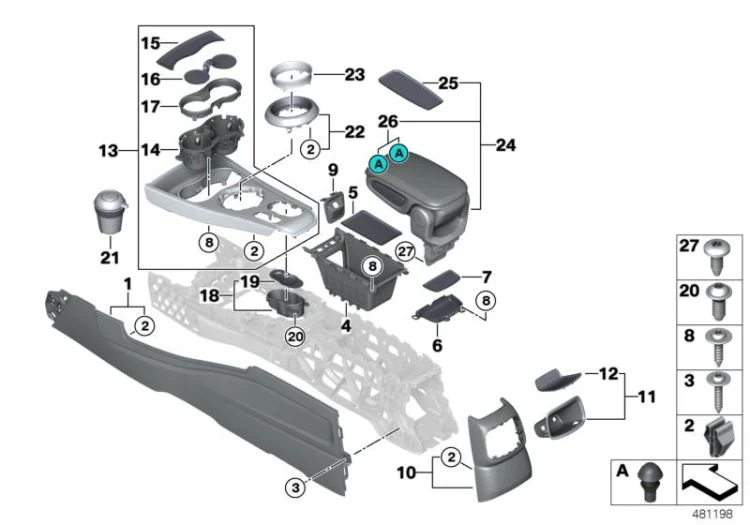 Estera bandeja portaobjetos consola central OEM 51169333425 para MINI Countryman F60, F60 LCI. Original MINI.
