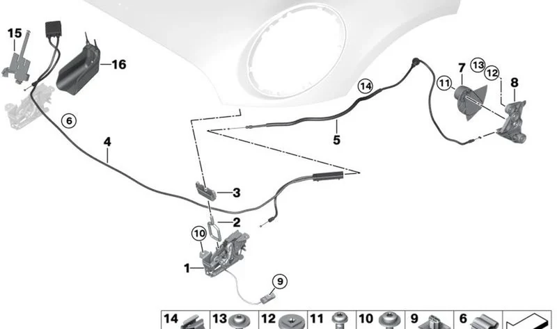 Cerradura de capó frontal izquierdo OEM 51237300569 para MINI F56, F55, Clubman F54, Cabrio F57, Countryman F60... y más. Original MINI.