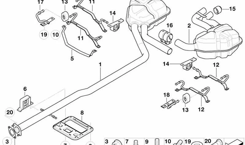 Abrazadera soporte escape trasero izquierda OEM 18207546979 para MINI Cooper S, Coop.S JCW GP, R52, R53. Original MINI.