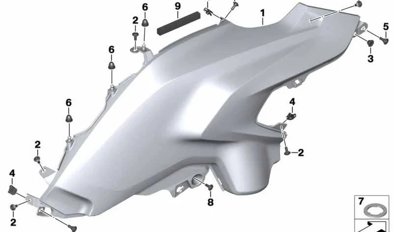 Pieza lateral de revestimiento OEM 46638528671 para motos BMW R1200GS (K50) 11/2012-11/2016. Color Rohtel/Blank. Original BMW Motorrad.