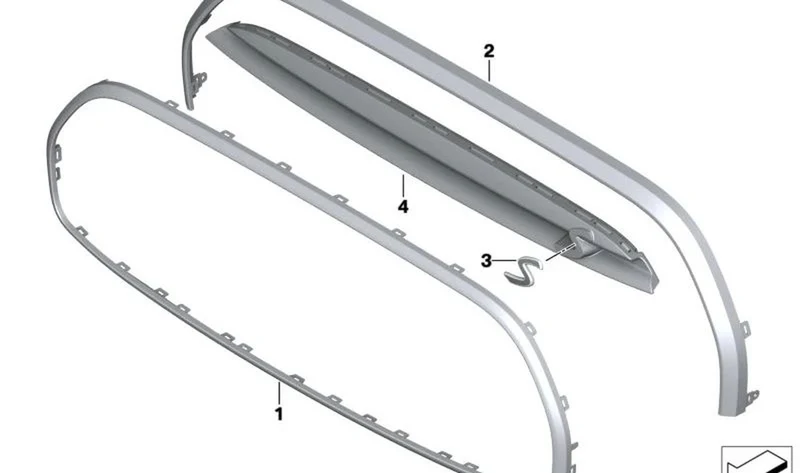 Marco rejilla decorativa exterior superior OEM 51115A36F07 para MINI F56 LCI, F56 BEV LCI, F55 LCI, Cabrio F57 BEV, Cabrio F57 LCI. Original MINI.