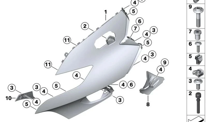 Paramento de snorkel izquierdo OEM 46638564571 para BMW Motorrad K1600 GT, K1600 GTL, K1600 Bagger. Original BMW Motorrad.