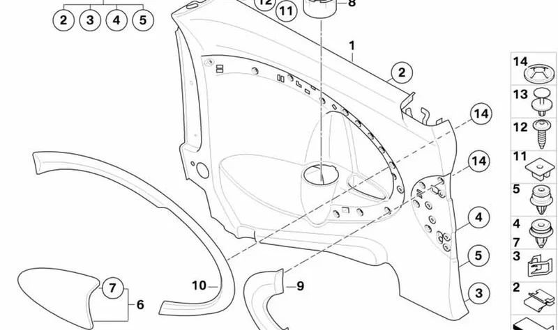 Grapa para revestimiento lateral trasero izquierdo OEM 51432756853 para MINI Clubman R55, R55 LCI. Original MINI.