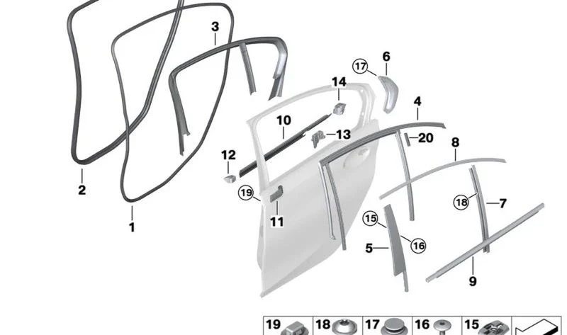 Moldura de ventana montante B puerta trasera derecha SHADOWLINE OEM 51437465140 para BMW G20, G80, G28, G21, G81, i3L... y más. Original BMW.