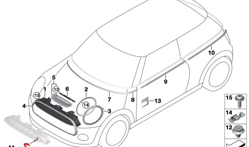 Rejilla decorativa capó delantero OEM 51137386801 para MINI F56, F55, Cabrio F57. Original MINI.