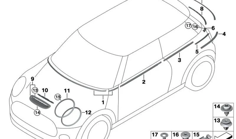 Cubierta del hueco de la puerta delantera derecha OEM 51335A3B954 para MINI F55, F55 LCI, F65. Original MINI.