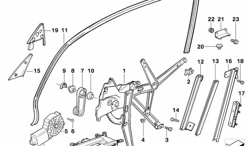 Mecanismo de accionamiento ventanilla derecha OEM 67628360572 para BMW Serie 3 E36 316i, 318is, 320i... y más. Original BMW.