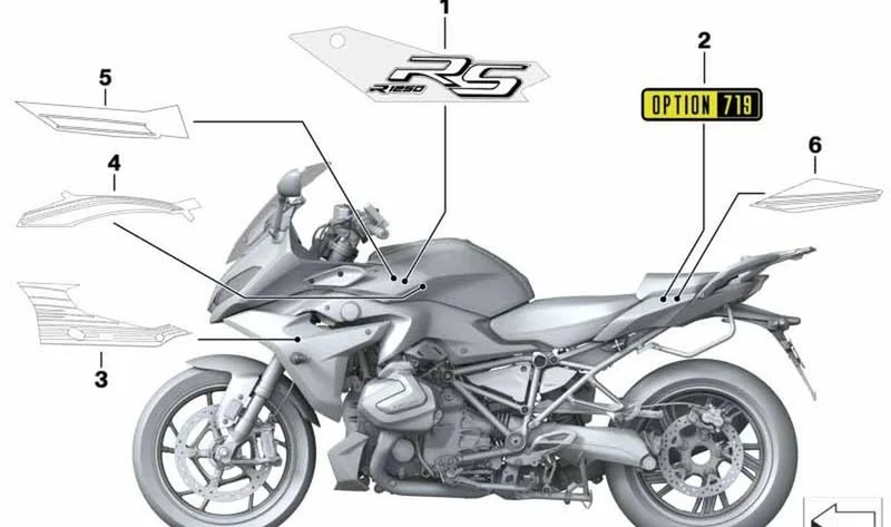 Decoración izquierda OEM 51148406437 para motos BMW R 1250 RS, R 1200 RS. Original BMW Motorrad.