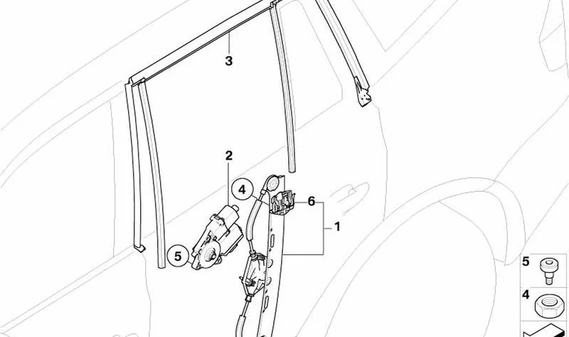 Guía para la ventana de la puerta trasera derecha OEM 51353424496 para BMW X3 E83, X3 E83 LCI. Original BMW.