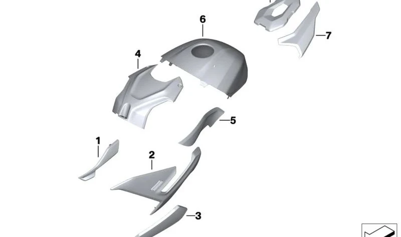 Remate depósito derecho OEM 46639444142 para BMW Motorrad S 1000 R (K63), S 1000 RR (K67). Color Silver. Original BMW Motorrad.