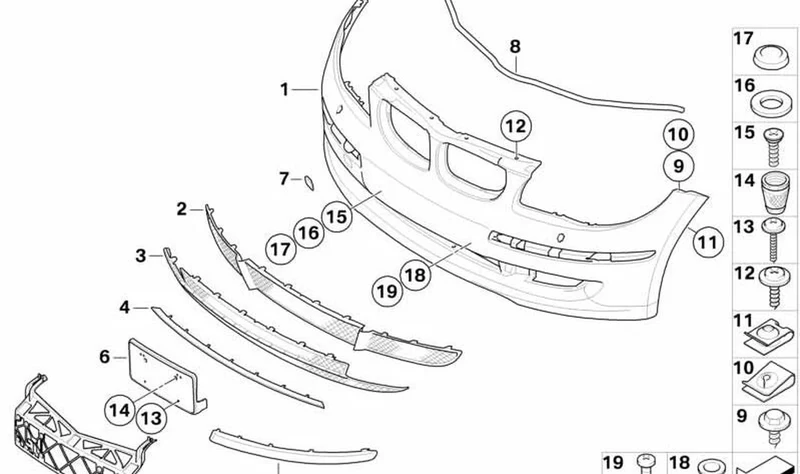 Listón parachoques delantero izquierdo OEM 51117185133 para BMW Serie 1 E81, E87 LCI. Original BMW.