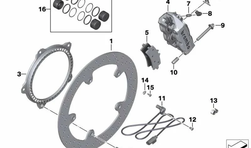 Pinza de freno delantera derecha OEM 34117710746 para motos BMW R1200S, HP2 Sport. Original BMW Motorrad.