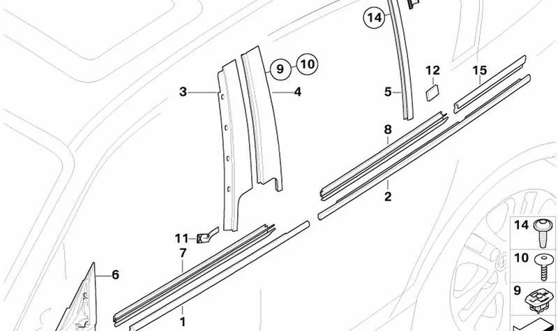 Paramento columna B puerta trasera izquierda OEM 51347068101 para BMW Serie 1 E87, E87 LCI. Original BMW.