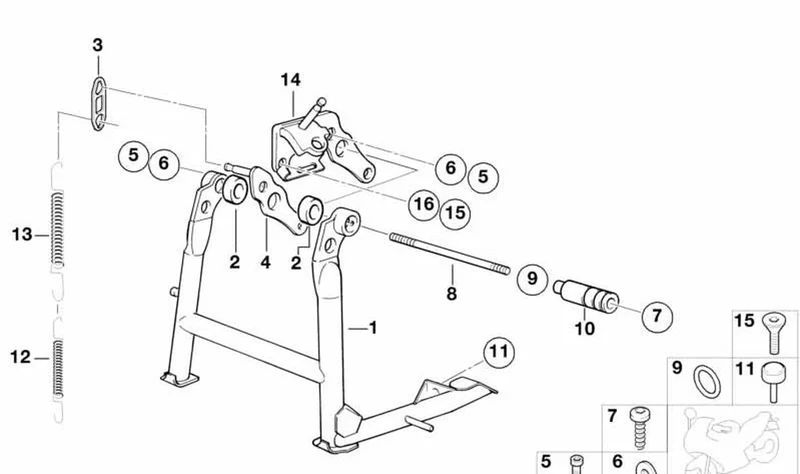 Caballete central OEM 46522335890 para motos BMW R1150RT, R850RT. Original BMW Motorrad.