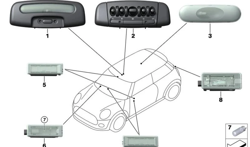 Lámpara interior techo OEM 63315A714B9 para MINI F56, F55, Clubman F54, Countryman F60... y más. Original MINI.