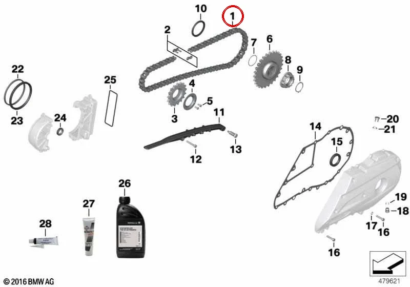 Cadena de transmisión OEM 33838544675 para motos BMW C 600 Sport, C 650 Sport, C 650 GT. Original BMW Motorrad.