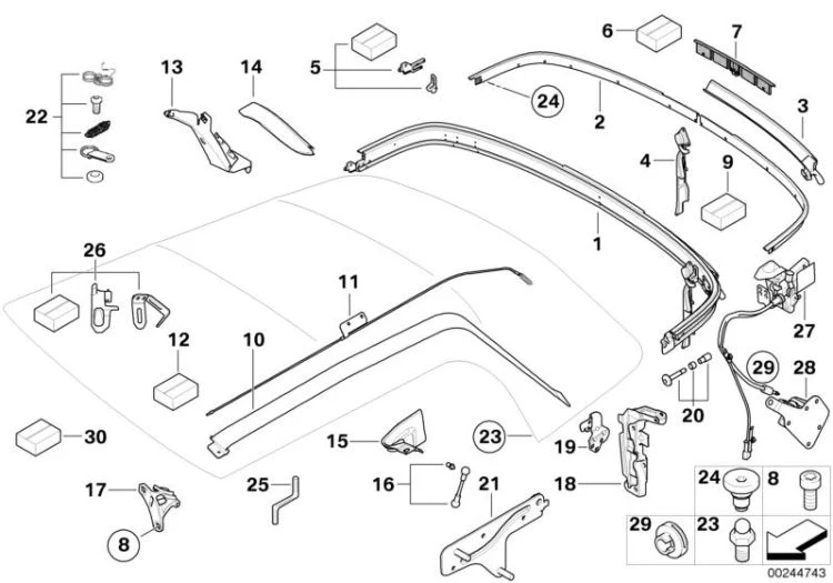 Junta de montaje de capota OEM 54347174767 para MINI Cabrio R52 Cooper, Cooper S, One (11/2004 - 07/2008). Original MINI.