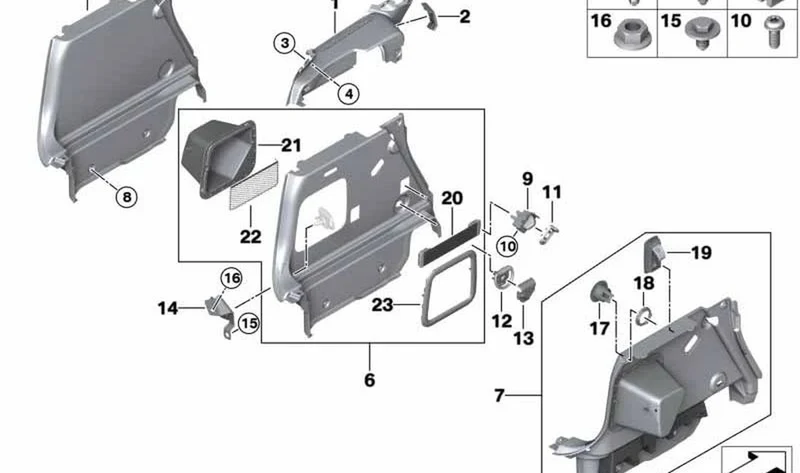 Bandeja portaobjetos maletero izquierdo OEM 51477434533 para MINI Clubman F54, F54 LCI. Original MINI.