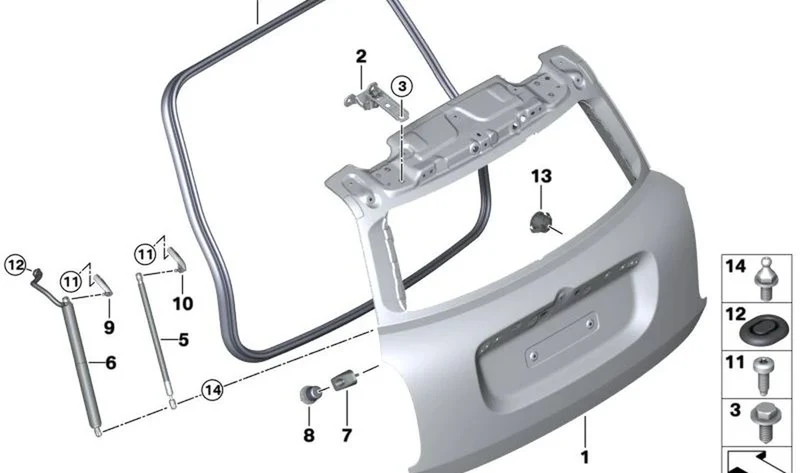 Alojamiento resorte de gas arriba derecho OEM 41007405770 para MINI Countryman F60, F60 LCI. Original MINI.