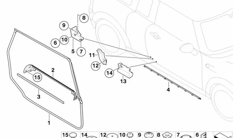 Junta puerta derecha OEM 51767167218 para MINI Clubman R55, R55 LCI. Original MINI.