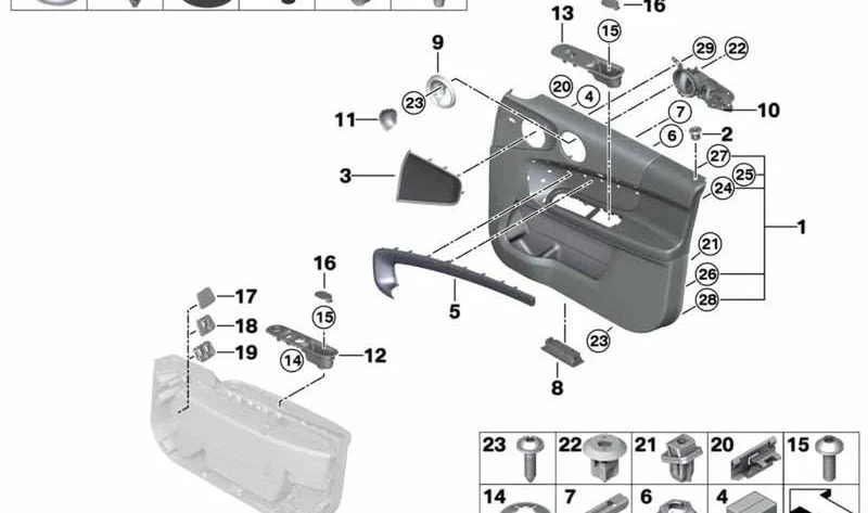 Revestimiento de puerta delantera izquierda Stone Hill Grey OEM 51417476521 para MINI Countryman F60, F60 LCI. Original MINI.