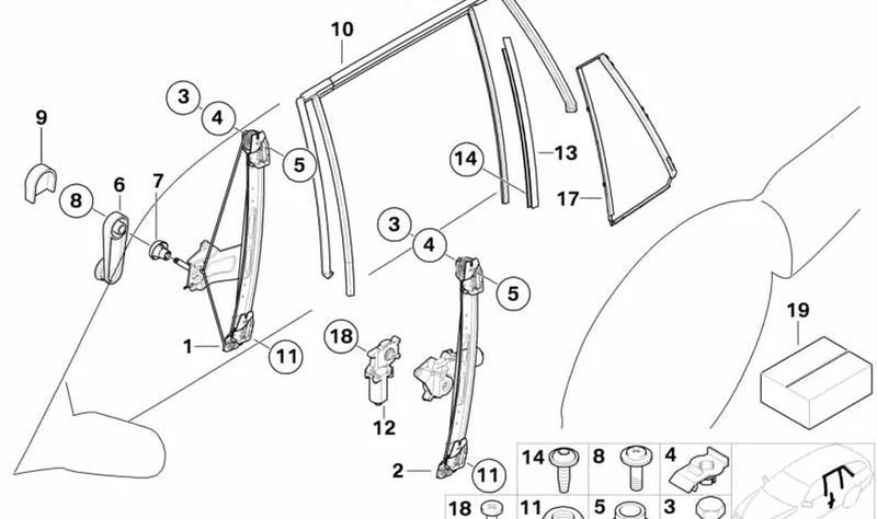 Alzacristales trasero izquierdo OEM 51347011205 para BMW Serie 3 E46. Original BMW.