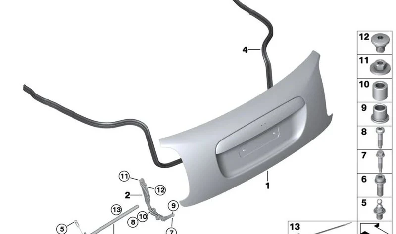 Bisagra de tapa de portamaletas derecha OEM 41007360370 para MINI F57 Cabrio, F57 LCI... y más. Original MINI.