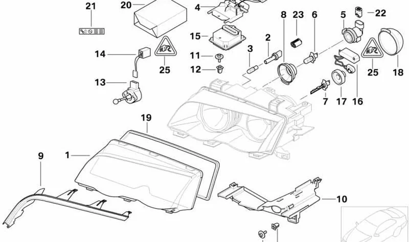 Cubierta de vidrio derecha OEM 63126923410 para BMW Serie 3 E46 (316i M43, N42) y más. Original BMW.
