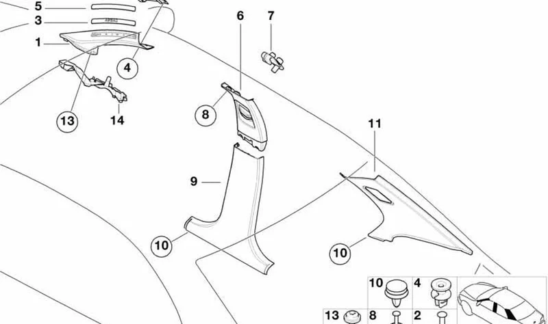Paramento columna A izquierda superior ITS OEM 51432699101 para BMW Serie 3 E46 (316i, 318i, 320i... y más). Original BMW.