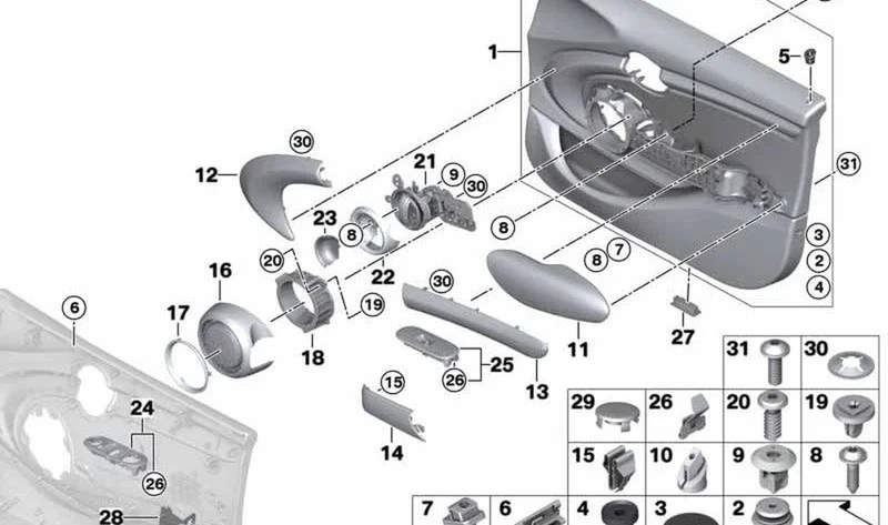 Revestimiento puerta delantera izquierda OEM 51417429329 para MINI F55, F56. Original MINI.