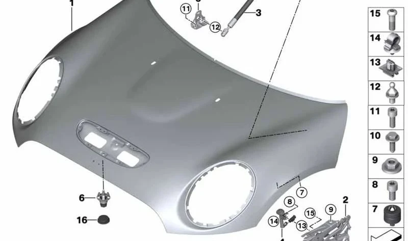 Bisagra de capó frontal derecha OEM 41007438920 para MINI Clubman F54, F54 LCI. Original MINI.