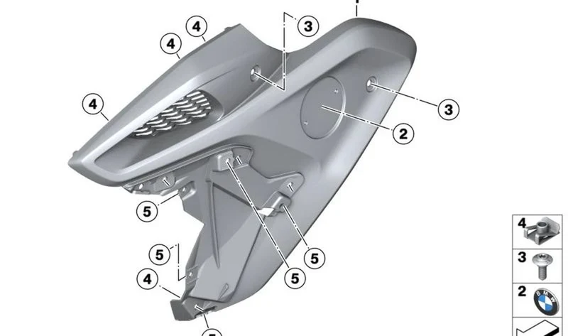 Recubrimiento snorkel de admisión derecho OEM 46638556656 para motos BMW R1200GS, R1250GS. Original BMW Motorrad.