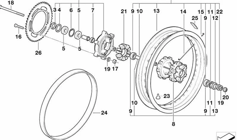 Radio de la rueda trasera OEM 36317696647 para motos BMW G 650 X (K15). Original BMW Motorrad.