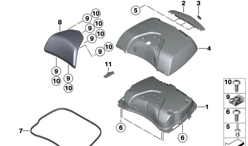 Carcasa exterior tapa de la Topcase STAR-DUST-MET OEM 46549444337 para BMW R 1200 RT, R 1250 RT, K 1600 GT, K 1600 GTL. Original BMW Motorrad.