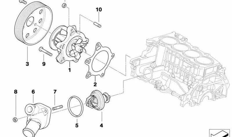 Polea de sistema de refrigeración OEM 11517799424 para MINI R50 One D (R5B1, R5B2) con transmisión manual y tracción delantera. Original MINI.