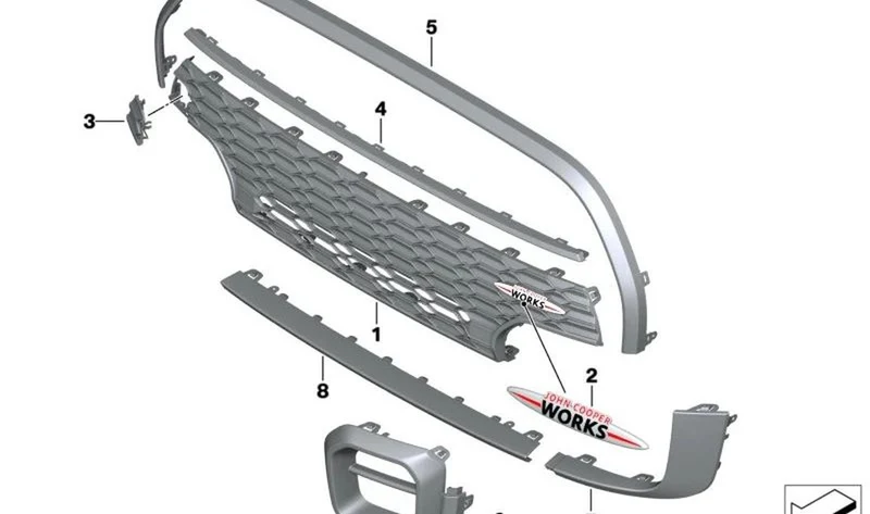 Embellecedor parachoques delantero central OEM 51115A3C8B7 para MINI F56 LCI, F55 LCI, Cabrio F57 LCI. Original MINI.