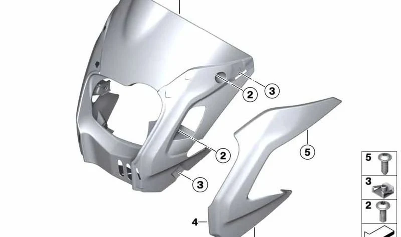 Molde del revestimiento del faro derecho OEM 46637713050 para BMW Motorrad HP2 Megamoto. Original BMW Motorrad.