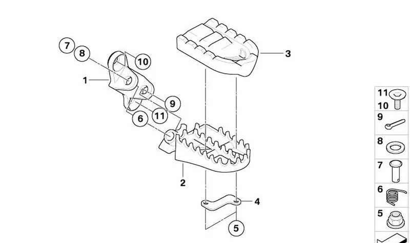 Soporte descansa-pies delantero derecho OEM 46717696657 para motos BMW G 650 X (K15) 2006-2009. Original BMW Motorrad.