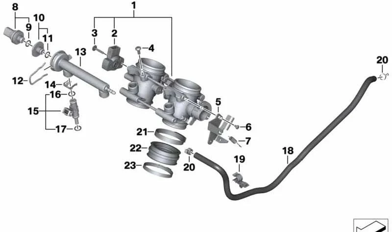 Colector de admisión OEM 13547702371 para motos BMW F700GS, F800GT, F650GS... y más. Original BMW Motorrad.