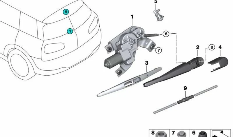 Brazo limpiaparabrisas trasero OEM 67637368089 para MINI Clubman F54, F54 LCI. Original MINI.