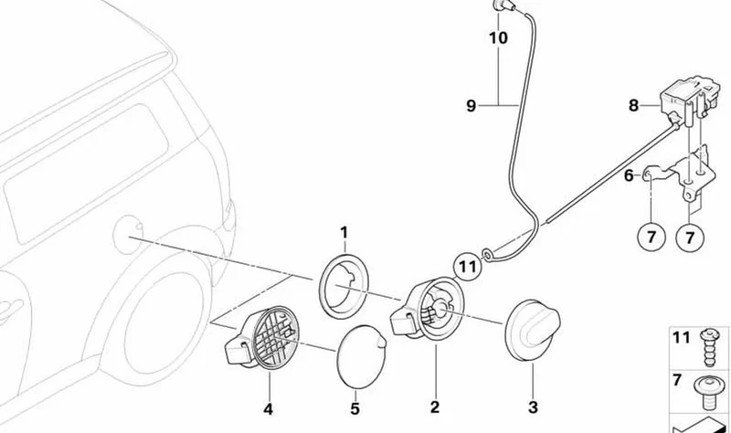 Cuba de cierre OEM 51177148886 para MINI R56, R56 LCI, Clubman R55, Clubman R55 LCI. Original MINI.