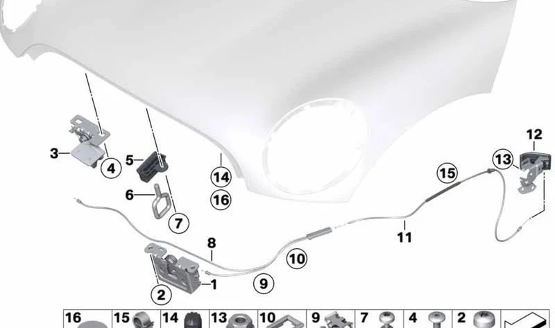 Gancho de seguridad capó delantero OEM 51232753420 para MINI R56, R55, R57, R58, R59... y más. Original MINI.