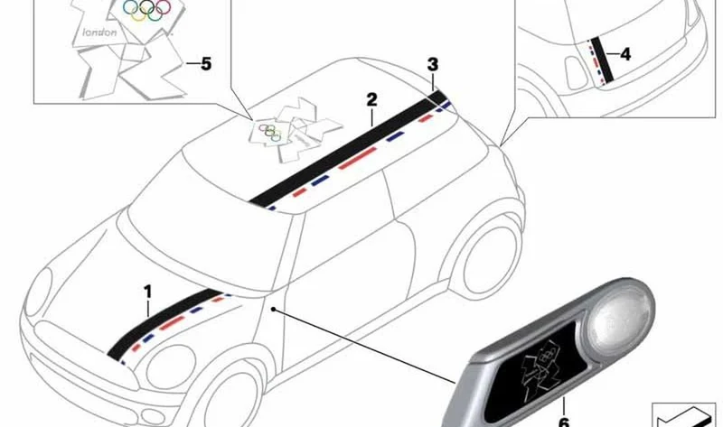 Lámina adhesiva para tapa portamaletas trasera OEM 51147324148 para MINI R56 LCI (03/2009 - 11/2013). Original MINI.