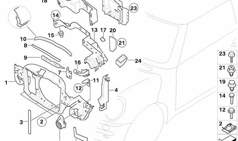 Pieza de relleno izquierda OEM 51717044241 para MINI R50, R53, Cabrio R52. Original MINI.
