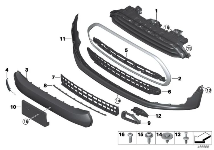 Rejilla decorativa capó delantero OEM 51137381982 para MINI Cooper F55, F56, F57. Original MINI.